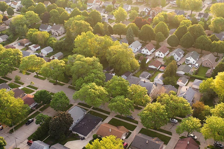 Tinley Park, IL - Aerial View of Suburban Homes and Various Trees on a Sunny Day